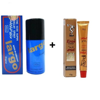 کرم تاخیری اروس اصل انگلستان گرید Aدارای بچ کد (بارکد اصالت کالا) + اسپری تاخیری اصل لارگو King Size Super Largo ساخت آلمان